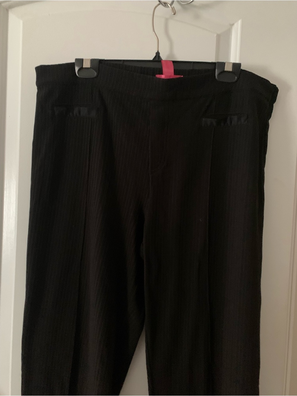 Women’s  Black Ribbed Stretch Pants - Satin Stripe Pockets